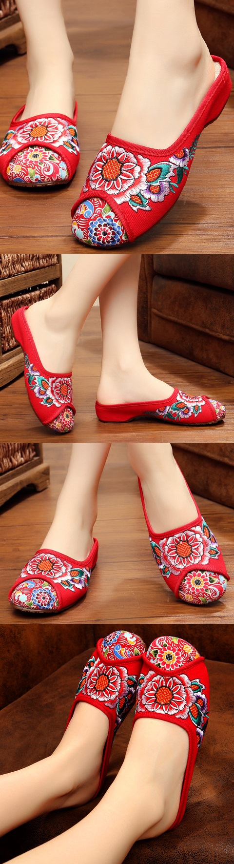 Flower Embroidery Slippers (Red)