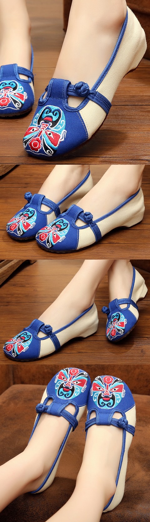 Low Heel Opera Mask Embroidery Shoes (Blue)