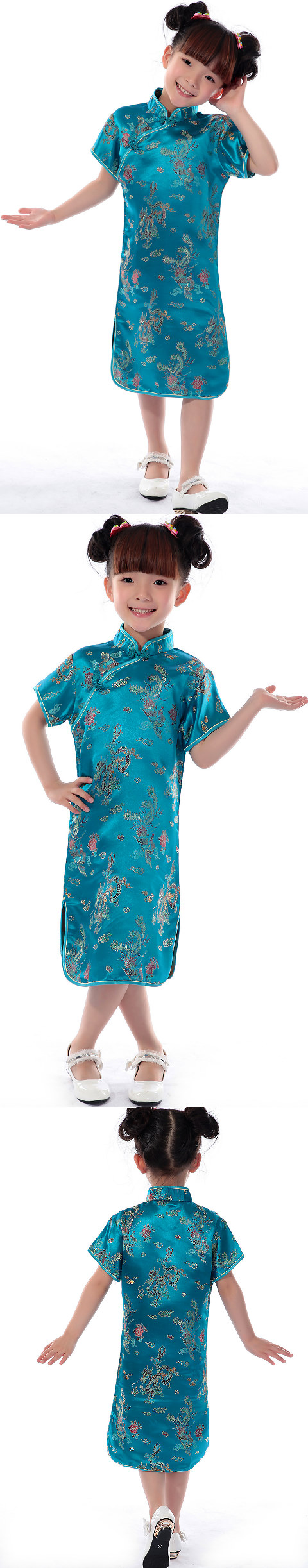 Bargain - Girl's Dragon & Phoenix Cheongsam Dress (Blue)