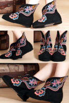 Low Heel Floral Embroidery Mid Height Boots (Black)