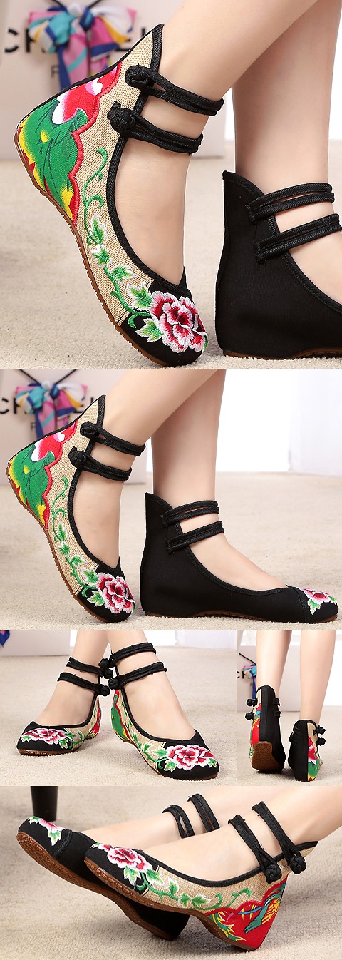 Mid Heel Flower Embroidery Shoes (Black)
