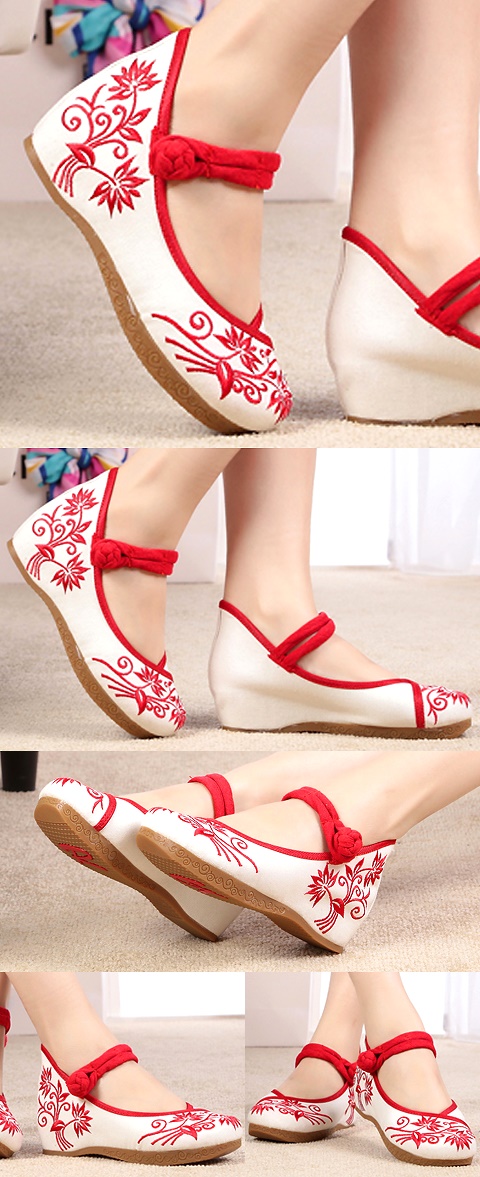 Mid Heel Flower Embroidery Shoes (Red)