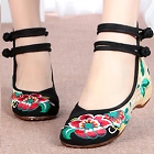 Mid Heel Flower Embroidery Shoes (Black)