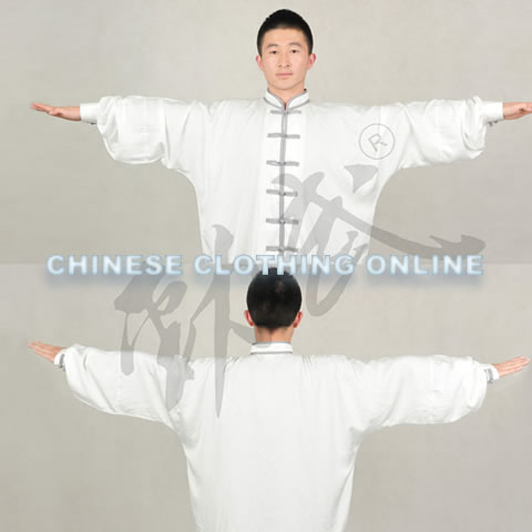Professional Taichi Kungfu Uniform with Pants - Silk Fibroin Satin - White/Grey (RM)