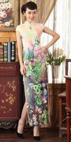 Long-length Cup-sleeve Printing Silky Cheongsam (RM)