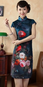 Elbow-sleeve Short-length Spray Painting Velvet Cheongsam (RM)