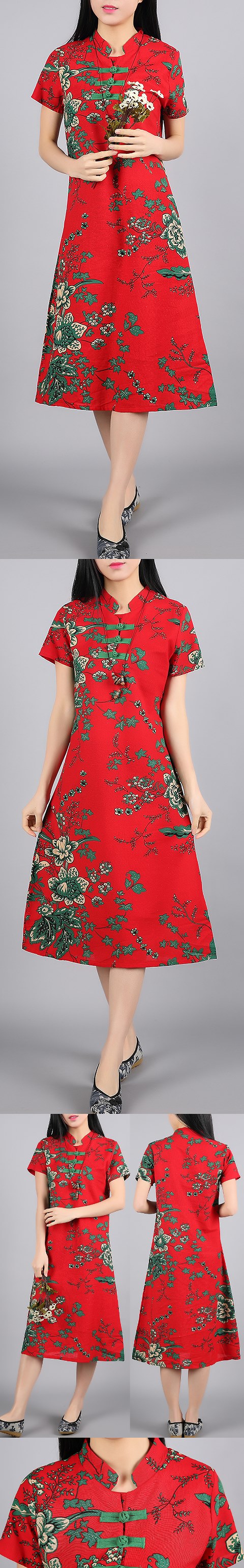 Ethnic Mid-length Floral-printing Dress-Crimson (RM)