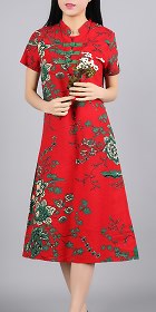 Ethnic Mid-length Floral-printing Dress-Crimson (RM)