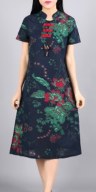 Ethnic Mid-length Floral-printing Dress-Navy Blue (RM)