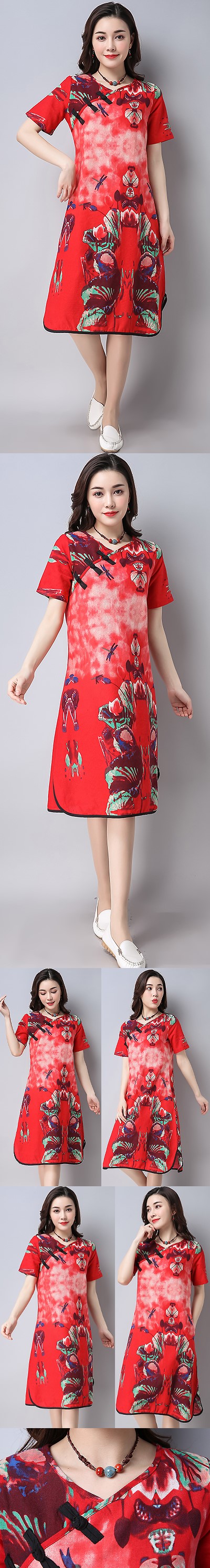 Cross-collar Ethnic Dress-Red (RM)