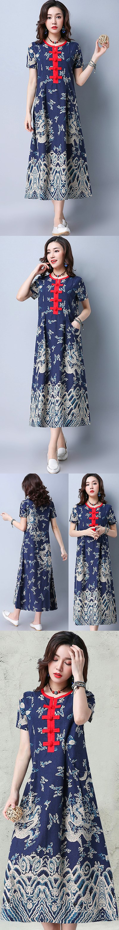 Ethnic Long-length Dragon-printing Dress-Navy Blue (RM)