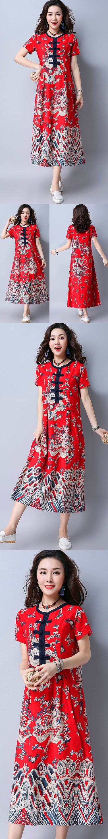 Ethnic Long-length Dragon-printing Dress-Red (RM)