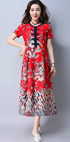 Ethnic Long-length Dragon-printing Dress-Red (RM)