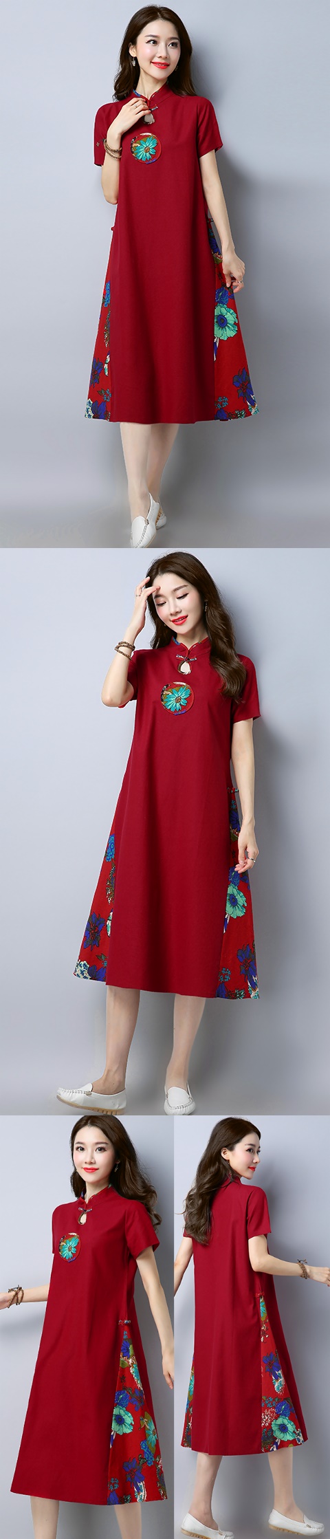 Ethnic Mid-length Dress with patches-Burgundy (RM)