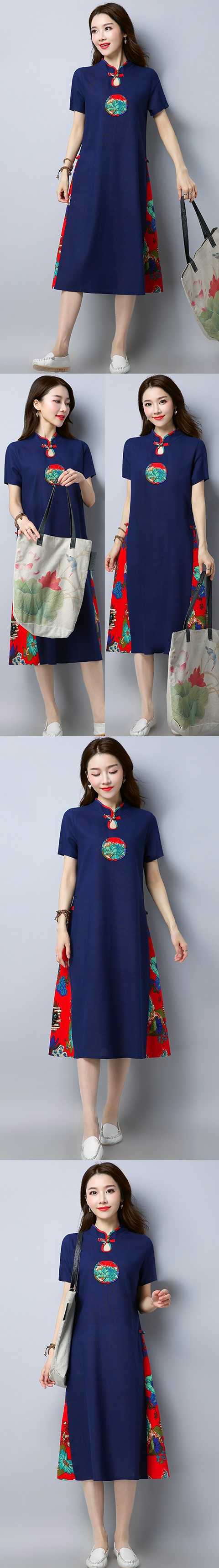Ethnic Mid-length Dress with patches-Navy Blue (RM)