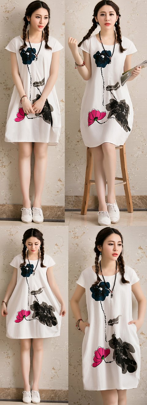 Ethnic Hand-painting Cup-sleeve Linen Dress (RM)
