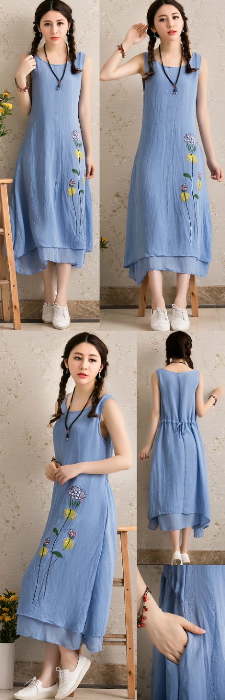 Ethnic Floral Printing Sleeveless Long Dress (RM)