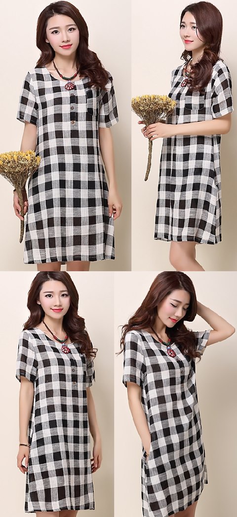 Ethnic Short-sleeve Yarn-dyed Checker Dress - White (RM)