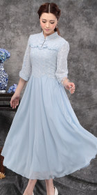 Ethnic 3/4-sleeve Embroidery-gauze Dress -  Light Blue (RM)