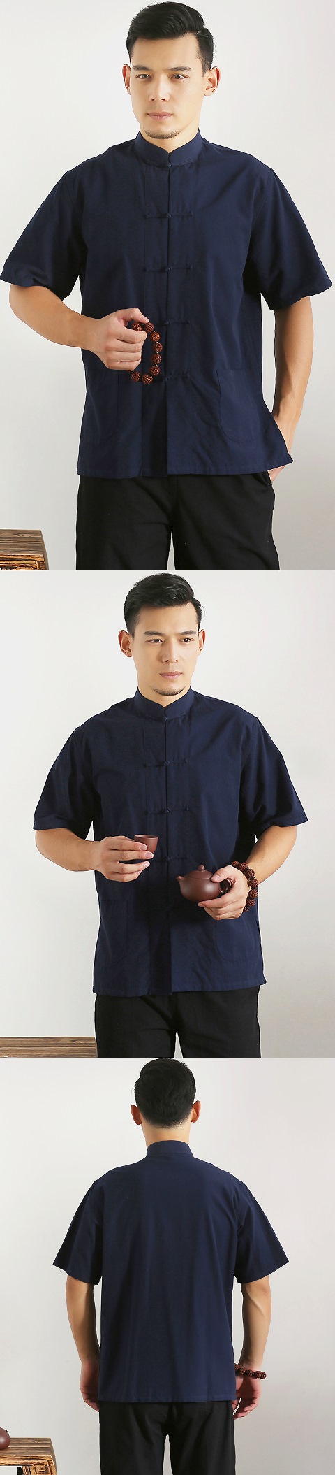 Mandarin Short-sleeve Plain Cotton Shirt (RM)