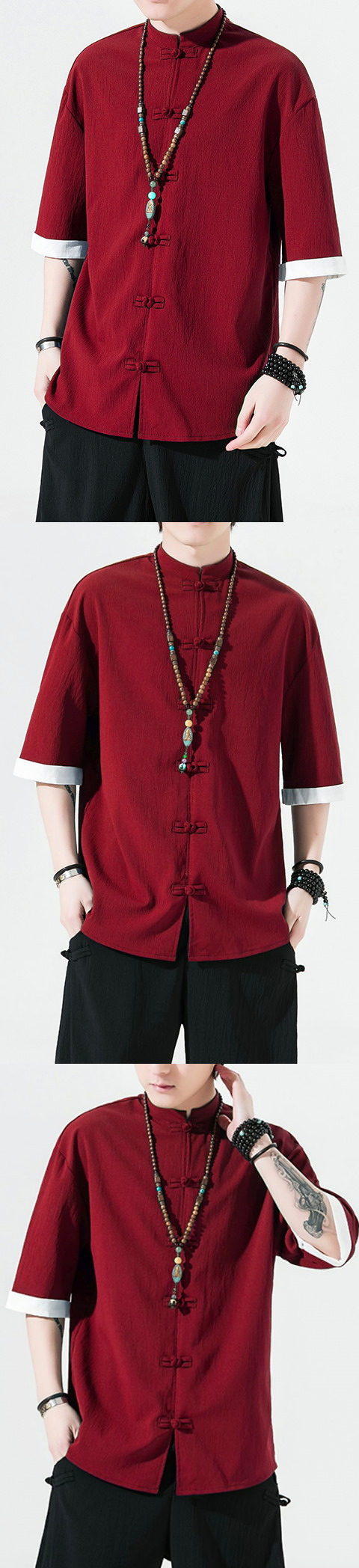 Chic Mandarin Elbow-length Folding-sleeve Cotton Shirt (RM/CM)