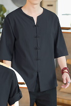 Chic Mandarin Elbow-length Folding-sleeve Cotton Shirt (RM)