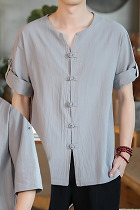 Chic Mandarin Elbow-length Folding-sleeve Cotton Shirt (RM)