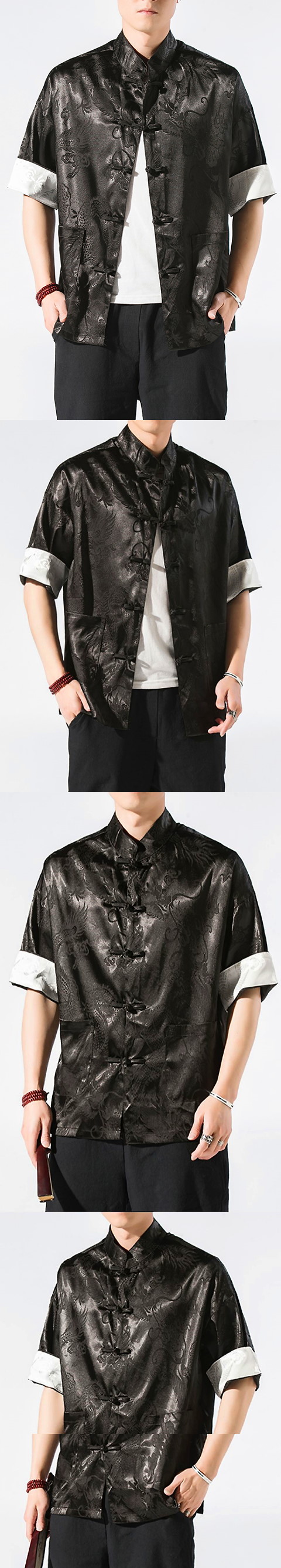 Chic Mandarin Jacquard Elbow-length Folding-sleeve Shirt (RM/CM)