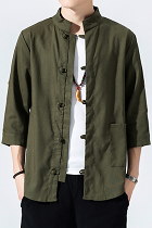 Chic Mandarin 3/4-sleeve Cotton Shirt - Olive (RM)