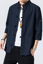 Chic Mandarin 3/4-sleeve Cotton Shirt - Dark Navy (RM)