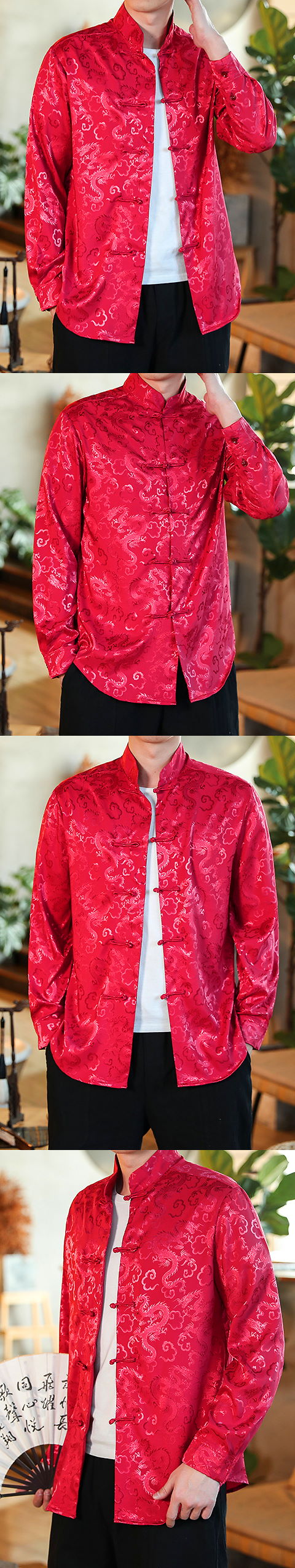 Dragon Embroidery Jacquard Long-sleeve Mandarin Top (RM)