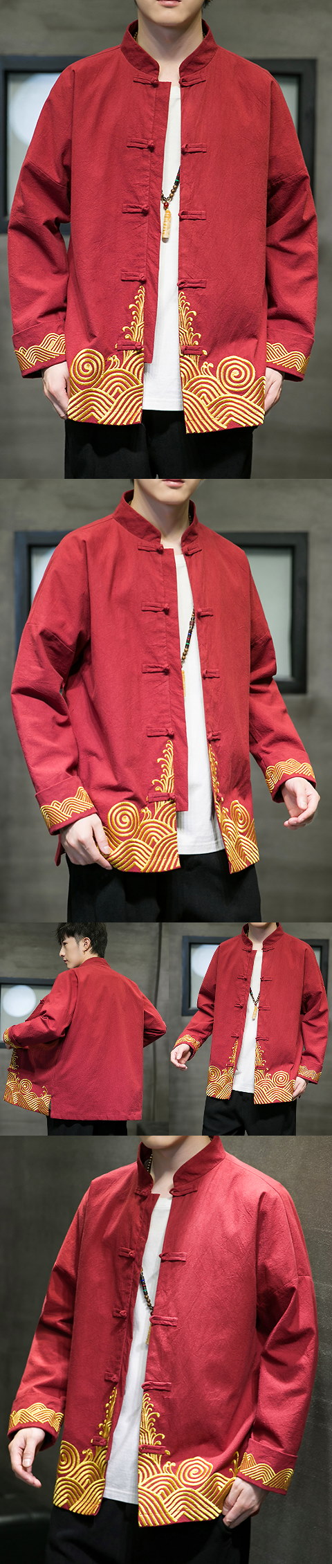Embroidery Cotton-linen Long-sleeve Mandarin Top (RM)