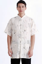 Short-sleeve Bamboo Leaves Mandarin Shirt - Beige (RM)