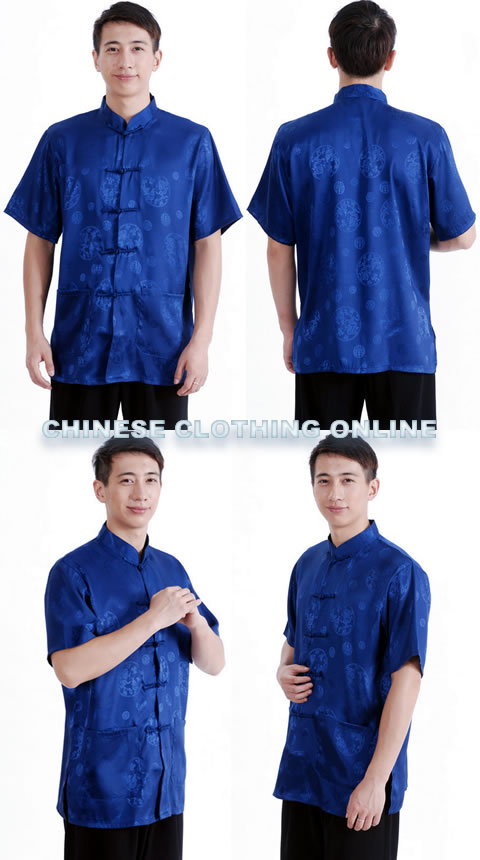 Short-sleeve Huddling Dragons Mandarin Shirt - Dark Blue (RM)