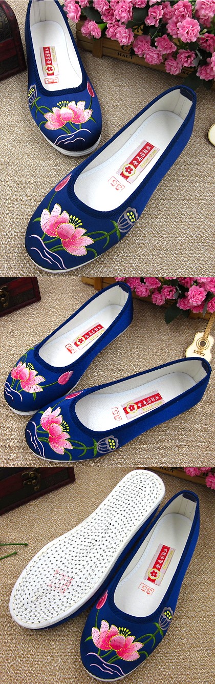 Satin Lotus Embroidery Shoes (Blue)