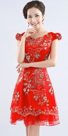 Puff-sleeve Short-length Embroidery Bridal Cheongsam (RM)