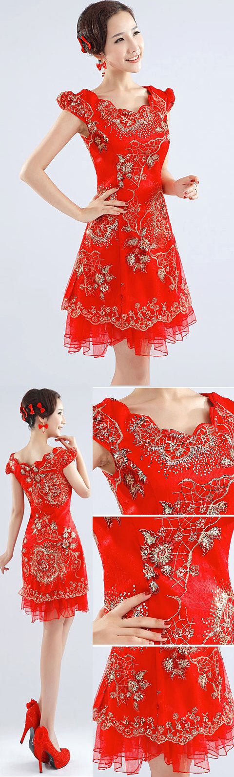 Puff-sleeve Short-length Embroidery Bridal Cheongsam (RM)
