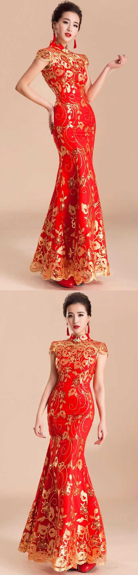 Cup-sleeve Long-length Bridal Cheongsam (CM)