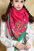 Versatile Ethnic Embroidery Cotton Linen Shawl - Red/Green