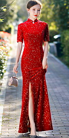 Long-length Fishtail Velvet Cheongsam (Crimson)