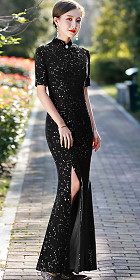 Long-length Fishtail Velvet Cheongsam (Black)