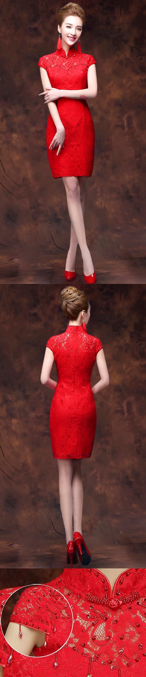 Cup-sleeve Short-length Embroidery Gauze Cheongsam (RM/CM)