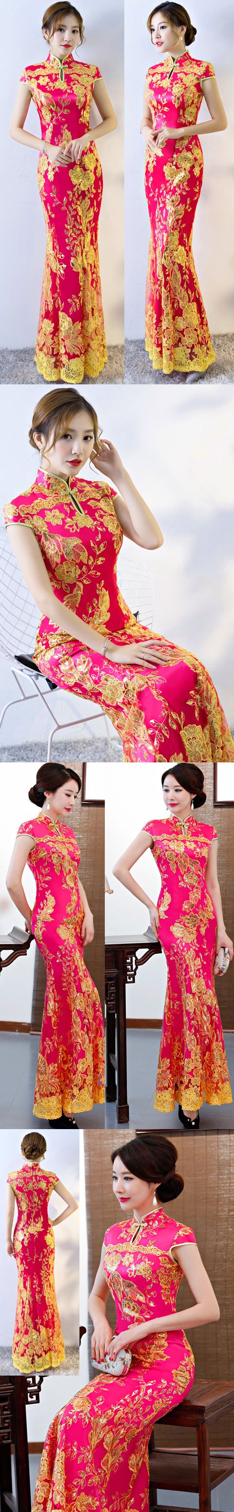 Cup-sleeve Long-length Evening-dress Cheongsam - Fuchsia (RM/CM)