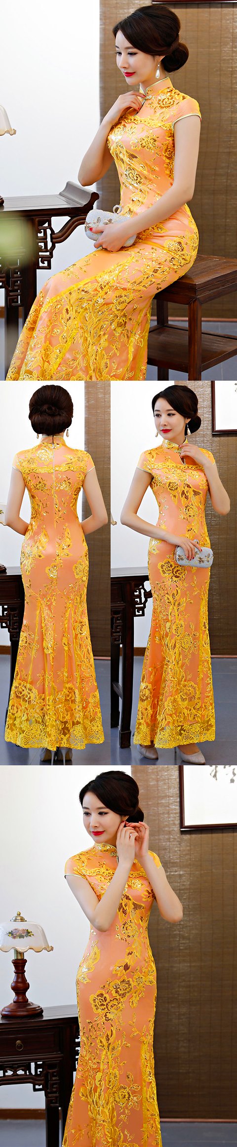 Bargain - Cup-sleeve Long-length Evening-dress Cheongsam - Orange