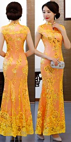 Cup-sleeve Long-length Evening-dress Cheongsam - Orange (RM/CM)