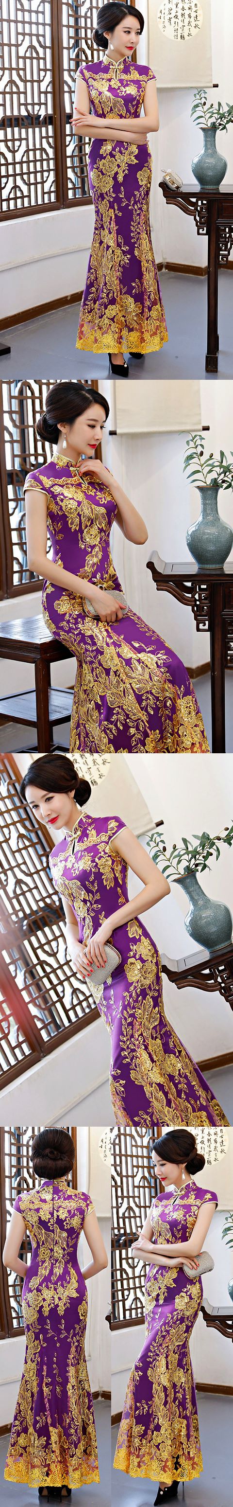 Bargain - Cup-sleeve Long-length Evening-dress Cheongsam - Purple
