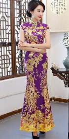 Cup-sleeve Long-length Evening-dress Cheongsam - Purple (RM/CM)