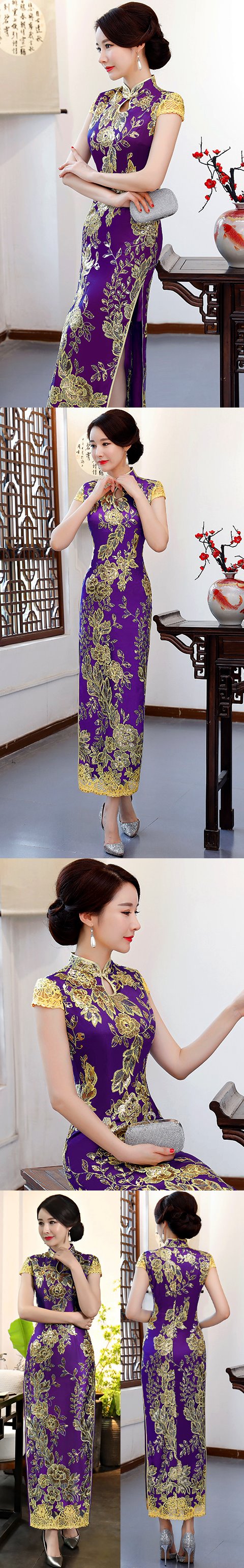 Cup-sleeve Long-length Evening-dress Cheongsam - Purple (RM/CM)