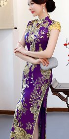 Cup-sleeve Long-length Evening-dress Cheongsam - Purple (RM/CM)