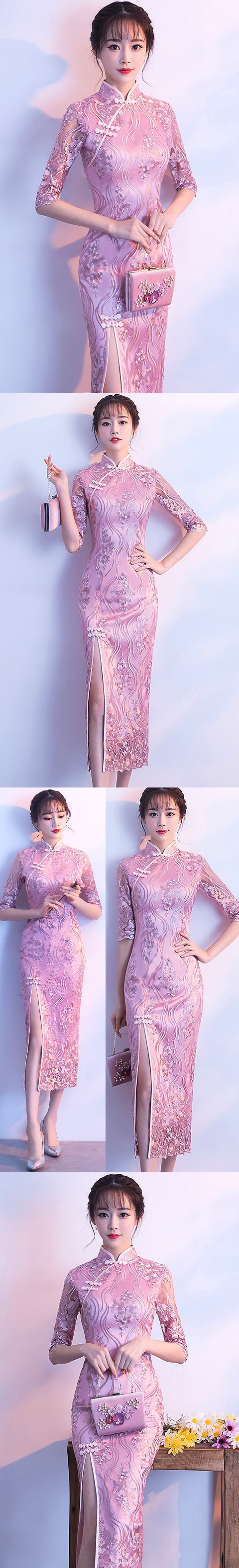 Long-length Gorgeous Embroidery Gauze Cheongsam-Dusty Pink (RM/CM)